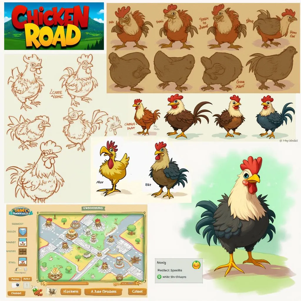 Collage of Chicken Road game art and development sketches